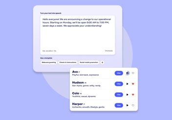Examples of two new features (text to speech and voice selection) from our latest audio messaging release, AI Voice.