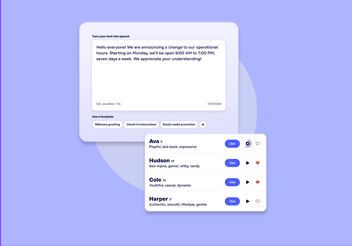 Examples of two new features (text to speech and voice selection) from our latest audio messaging release, AI Voice.