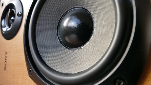 a close up of a Sony speaker, shown as an example of a key component of any restaurant sound system
