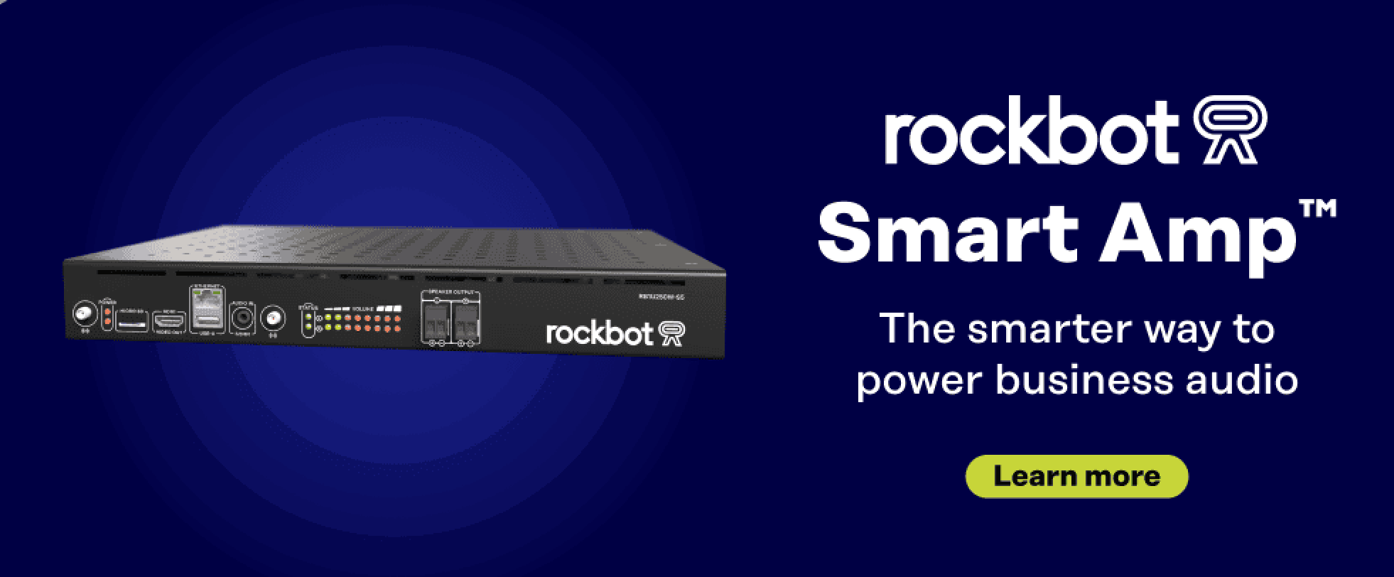 A banner ad for the Rockbot Smart Amp, the smarter way to power business audio.
